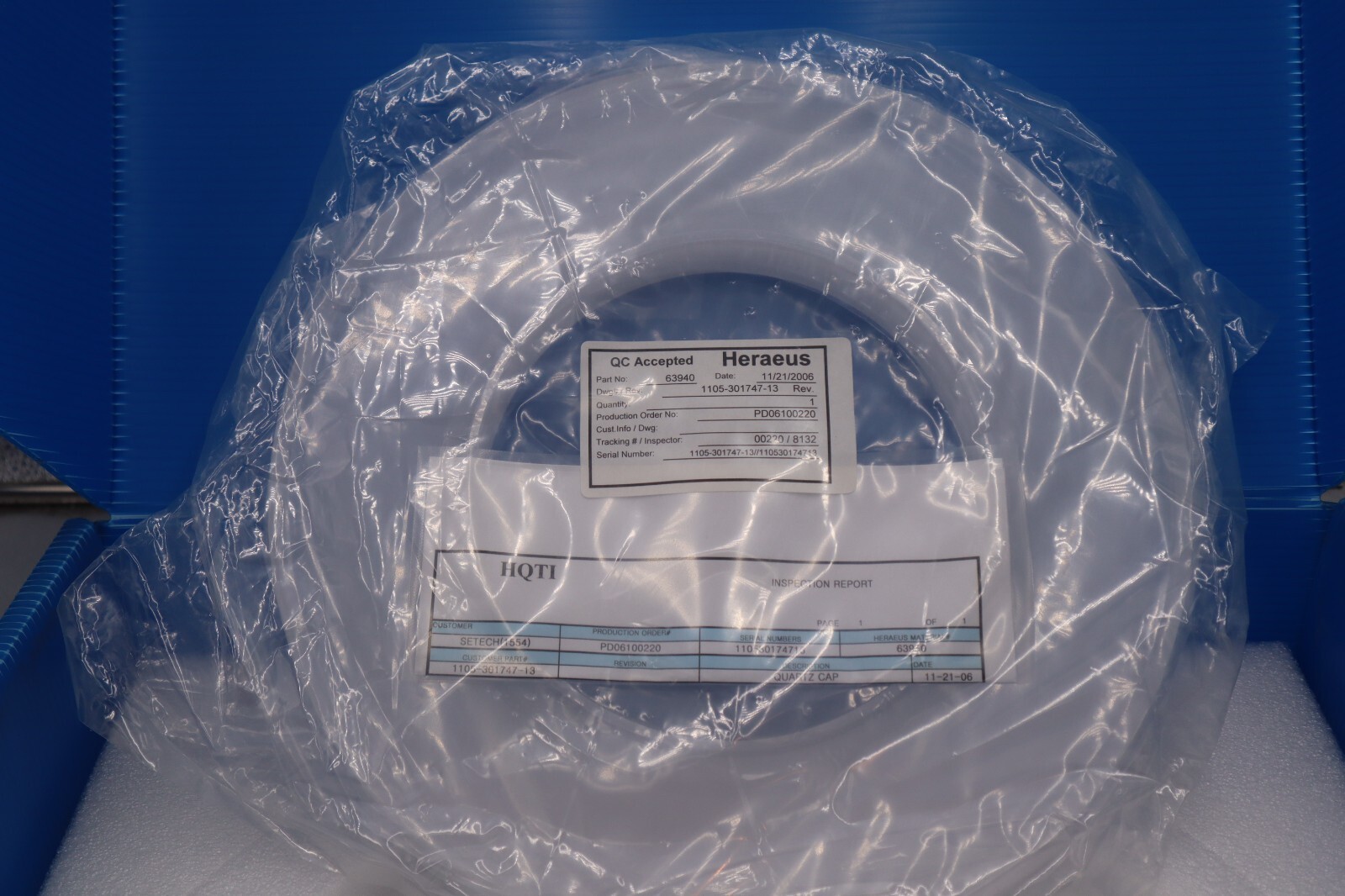 Used Heraeus Quartz Cup Cover PD06100220 63940 1105-301747-13 New Open-Box #2595