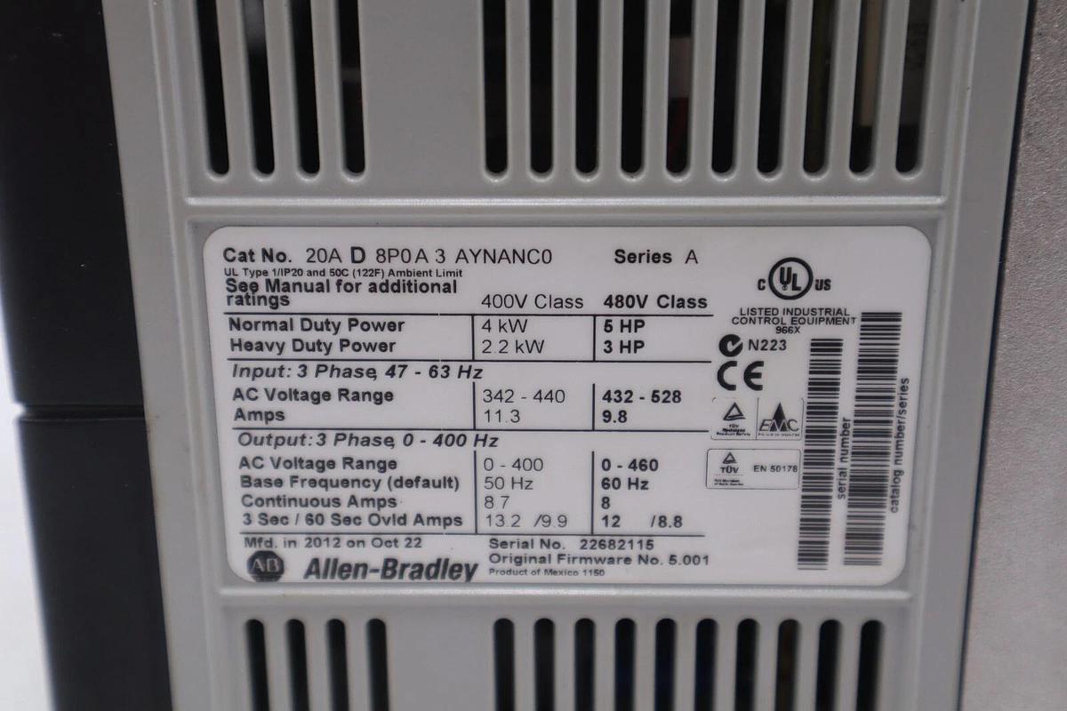Used 20AD8P0A3AYNANC0 ALLEN BRADLEY POWERFLEX 70 5HP AC DRIVE 480 VOLT STOCK 3285