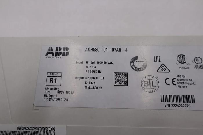 ABB ACH580-01-07A6-4 Drive INPUT 3PH 400/480VAC 50/60HZ 7.6AMP 5HP STOCK 2059-A