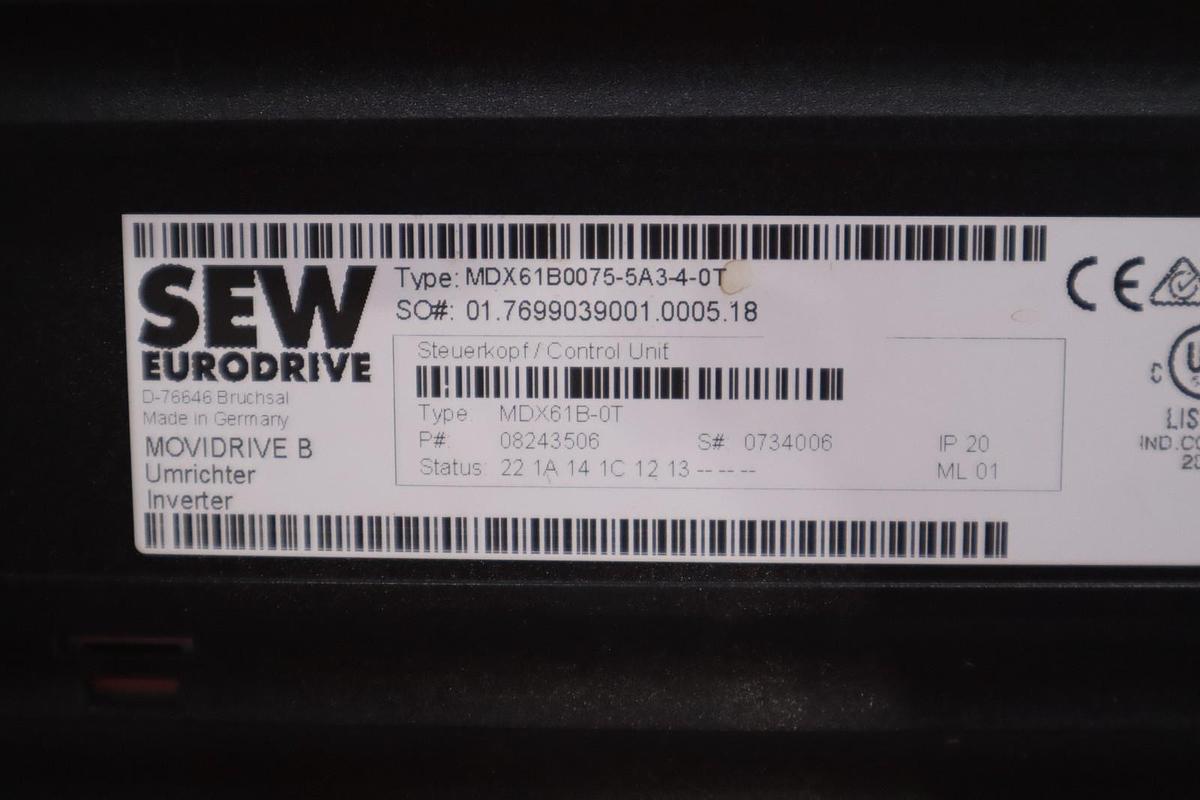 Used Sew Eurodrive MDX61B0075-5A3-4-0T Movidrive Drive Inverter H-775C