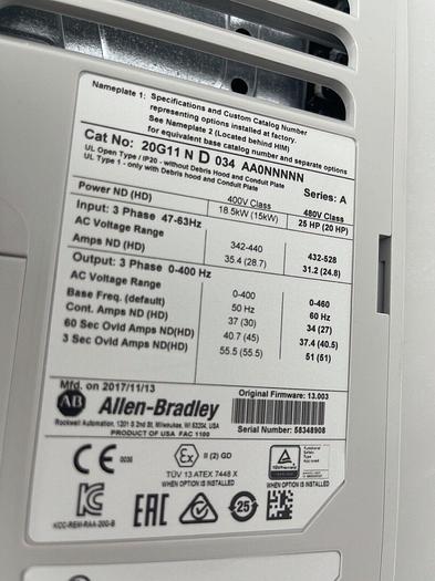 NEW ALLEN BRADLEY POWERFLEX 755 20G11ND034AA0NNNNN 25HP DRIVE FW 13.001 STK 3837