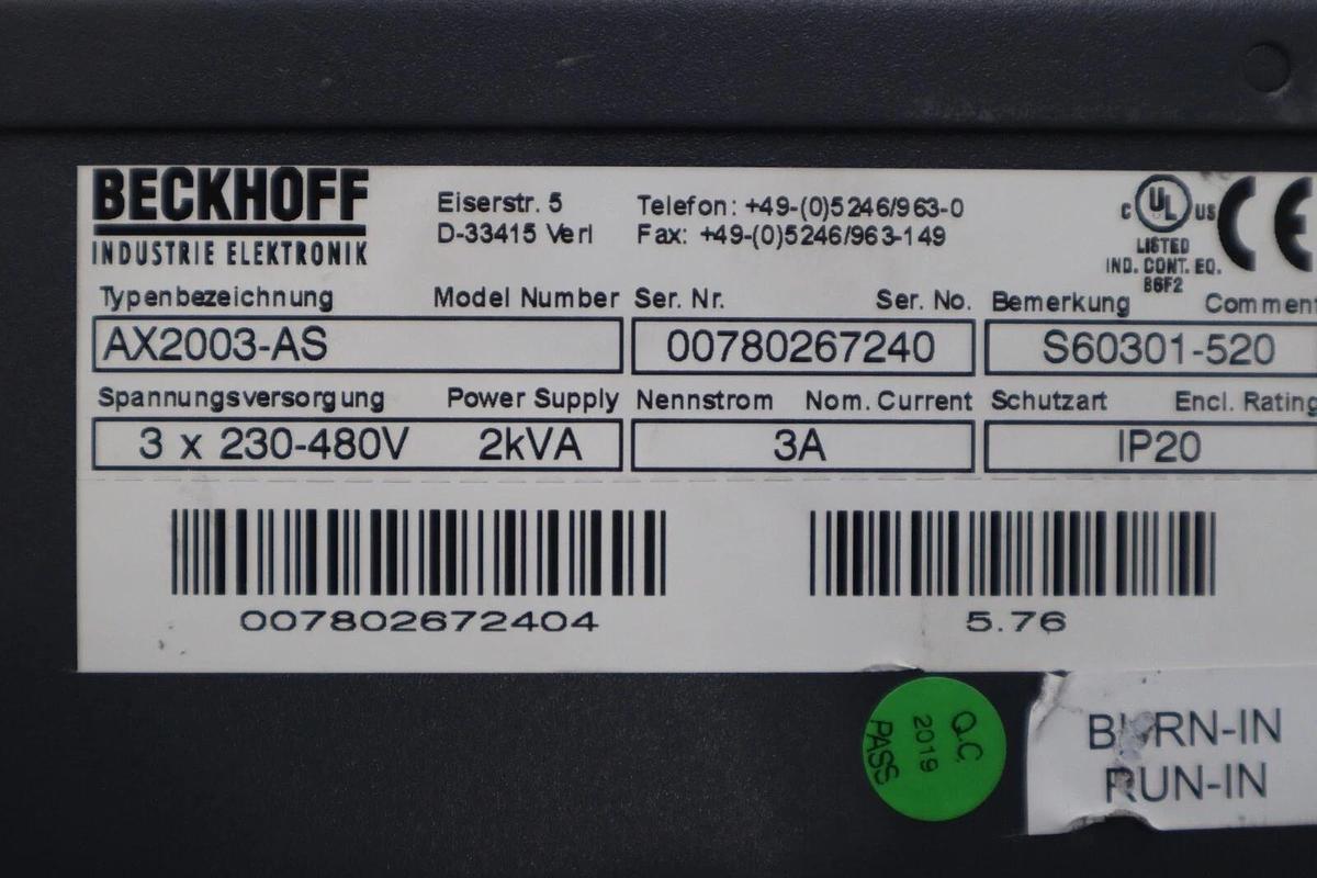 Used Beckhoff AX2003-AS S60301-520 Digital Compact Servo Drive Amplifier STK 3448-D