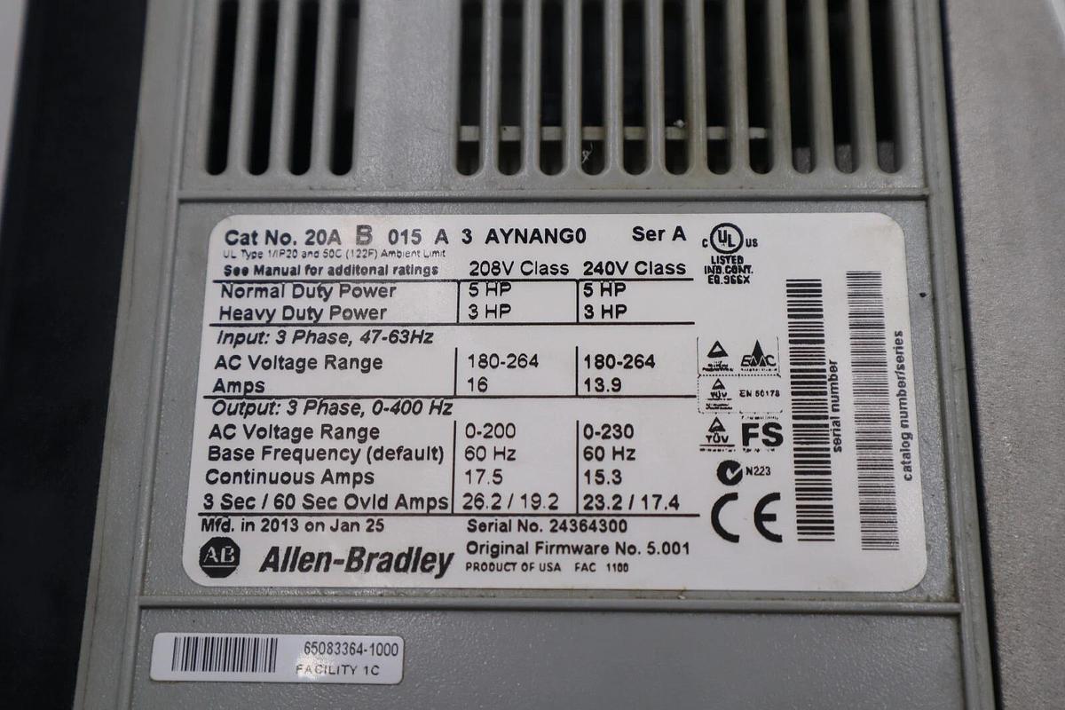 Used Allen-Bradley PowerFlex 70 20AB015A3AYNANG0 MFG. 2013 AC Drive STOCK 2442