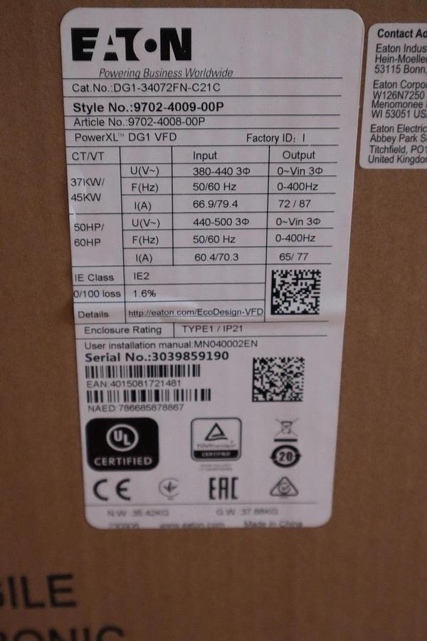 Refurbished EATON POWERXL DG1 AC Drive 50/60HP DG1-34072FN-C21C 9702-4009-00P STOCK 4915A