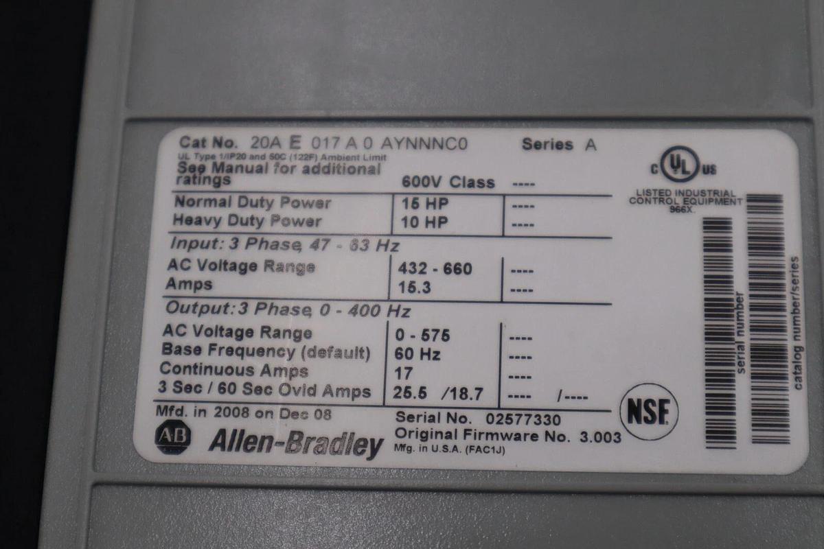 Used 15 HP ALLEN BRADLEY 20AE017A0AYNNNC0 600V POWERFLEX 70 VFD DRIVE STOCK 1804B