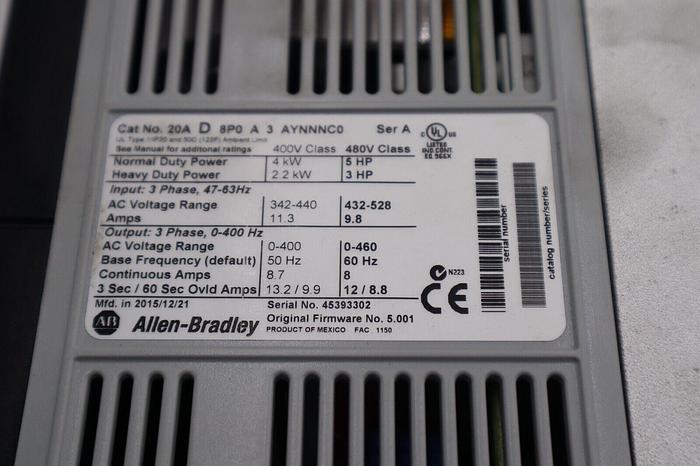Used ALLEN BRADLEY 20AD8P0A3AYNNNC0 POWERFLEX 70 5 HP SER A STOCK #1919
