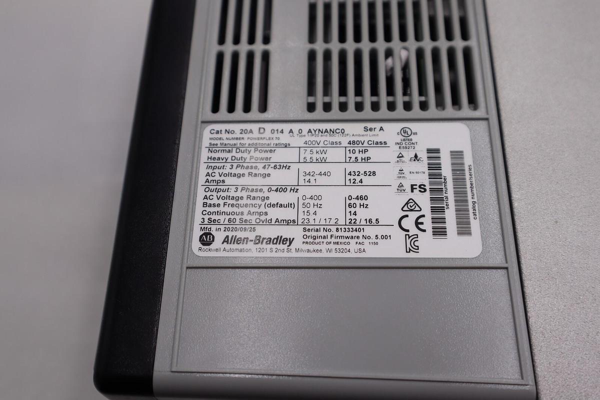 Used New 10hp ALLEN BRADLEY POWERFLEX 70 20AD014A0AYNANC0 MFG Date 2020 STOCK 1825