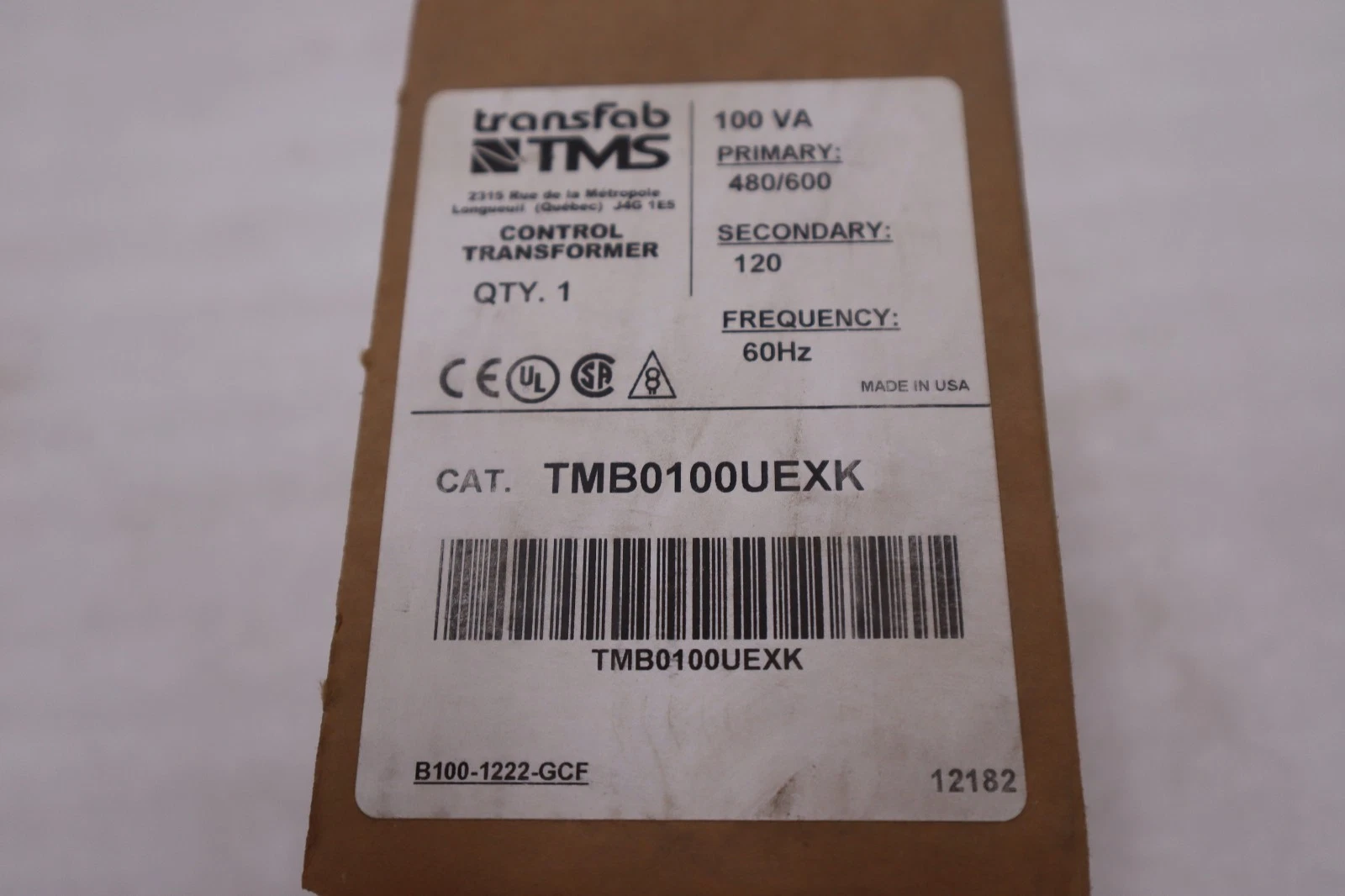 Used TRANSFAB TMS TMB0100UEXK CONTROL TRANSFORMER 480/600 60HZ - STOCK GF1040