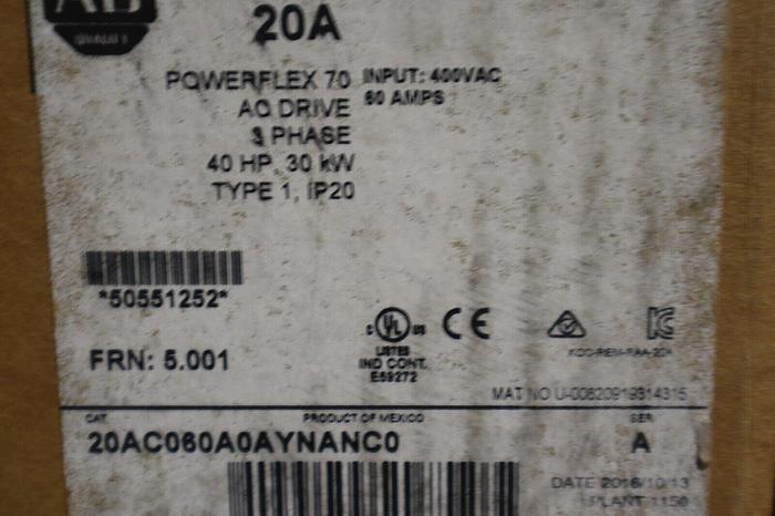 20AC060A0AYNANC0-A Allen Bradley 43A 460V 30HP Powerflex 70  MFG. 2016 STK 2517