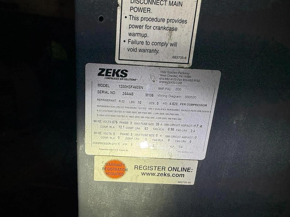 Used ZEKS 1200HSFA608N Refrigerated Air Dryer 1200 SCFM 575VAC 3PH