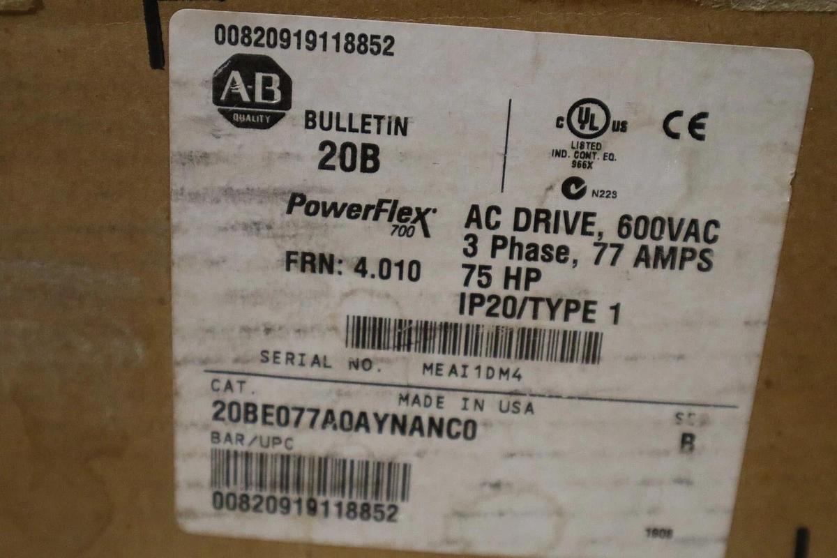 Used ALLEN BRADLEY 20BE077A0AYNANC0 POWERFLEX 700 75 HP 600VAC NEW UNIT STOCK S-629