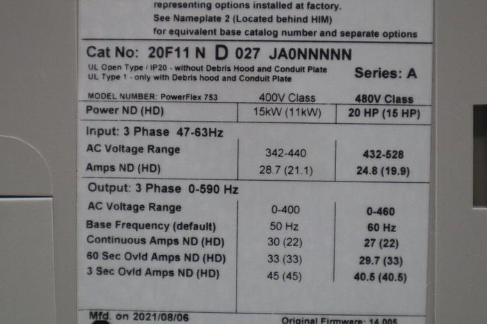 ALLEN BRADLEY 20F11ND027JA0NNNNN POWERFLEX 753 20 HP DRIVE VFD NEW STOCK 5670