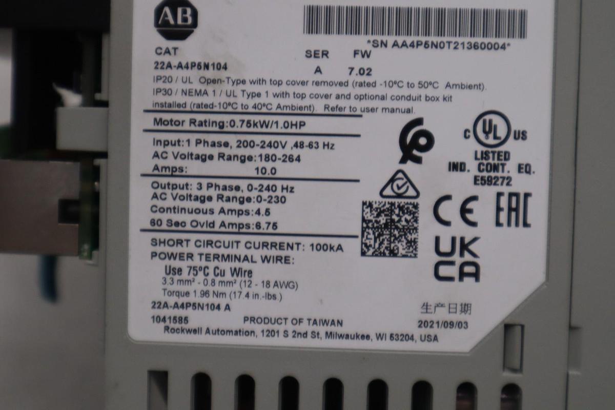 Used Allen-Bradley 22A-A4P5N104 Adjustable Frequency AC Drive, 240V, 1Ø, 4.5A, 0.75kW