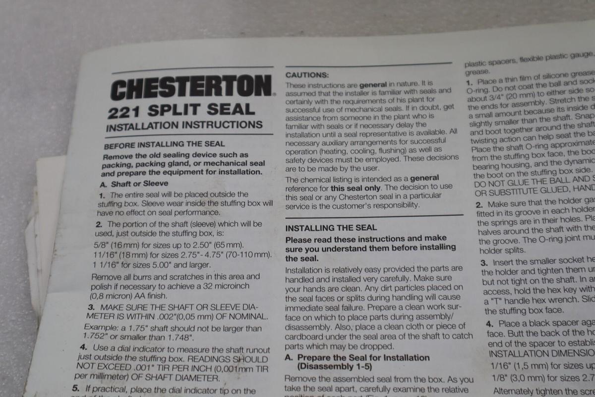 Used NEW CHESTERTON 042711 221 SPARE PART KIT SPLIT STEAL SEAL-24 SHAFT/3.000 #L-454