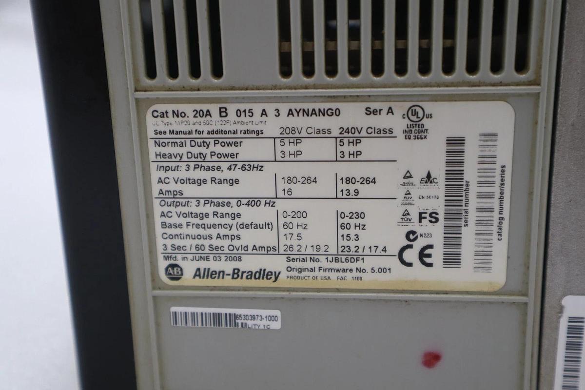 Used Allen-Bradley PowerFlex 70 20AB015A3AYNANG0 AC Drive STOCK 2628