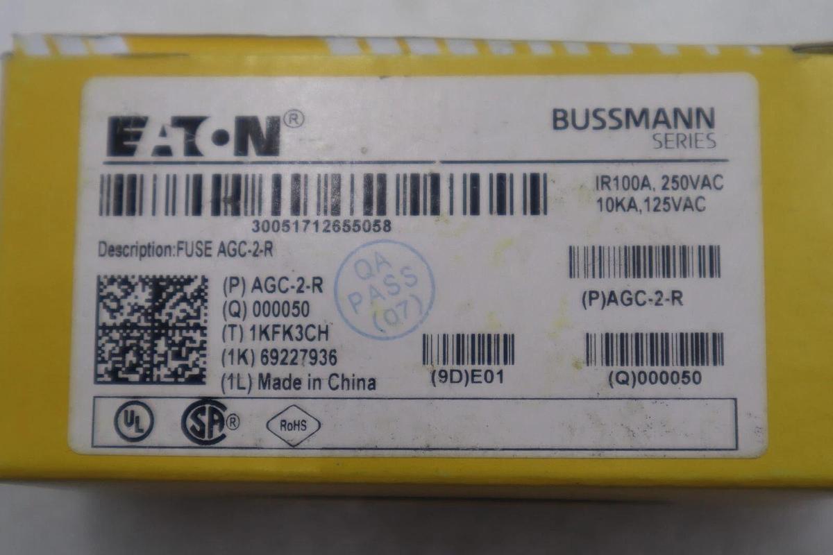 Bussmann AGC-2-R BOX OF 50 UNITS TOTAL (10 PACKS OF 5 UNITS) STOCK K-3378