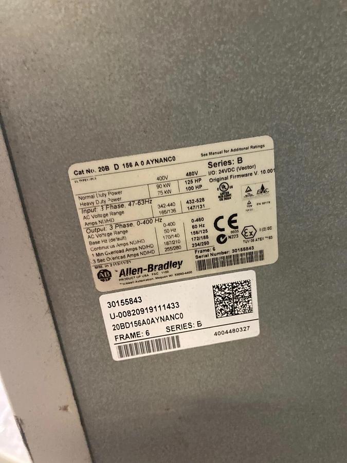 Used ELECTRICAL ENCLOSURE WITH 20BD156A0AYNANC0 Allen Bradley 125HP Powerflex 700