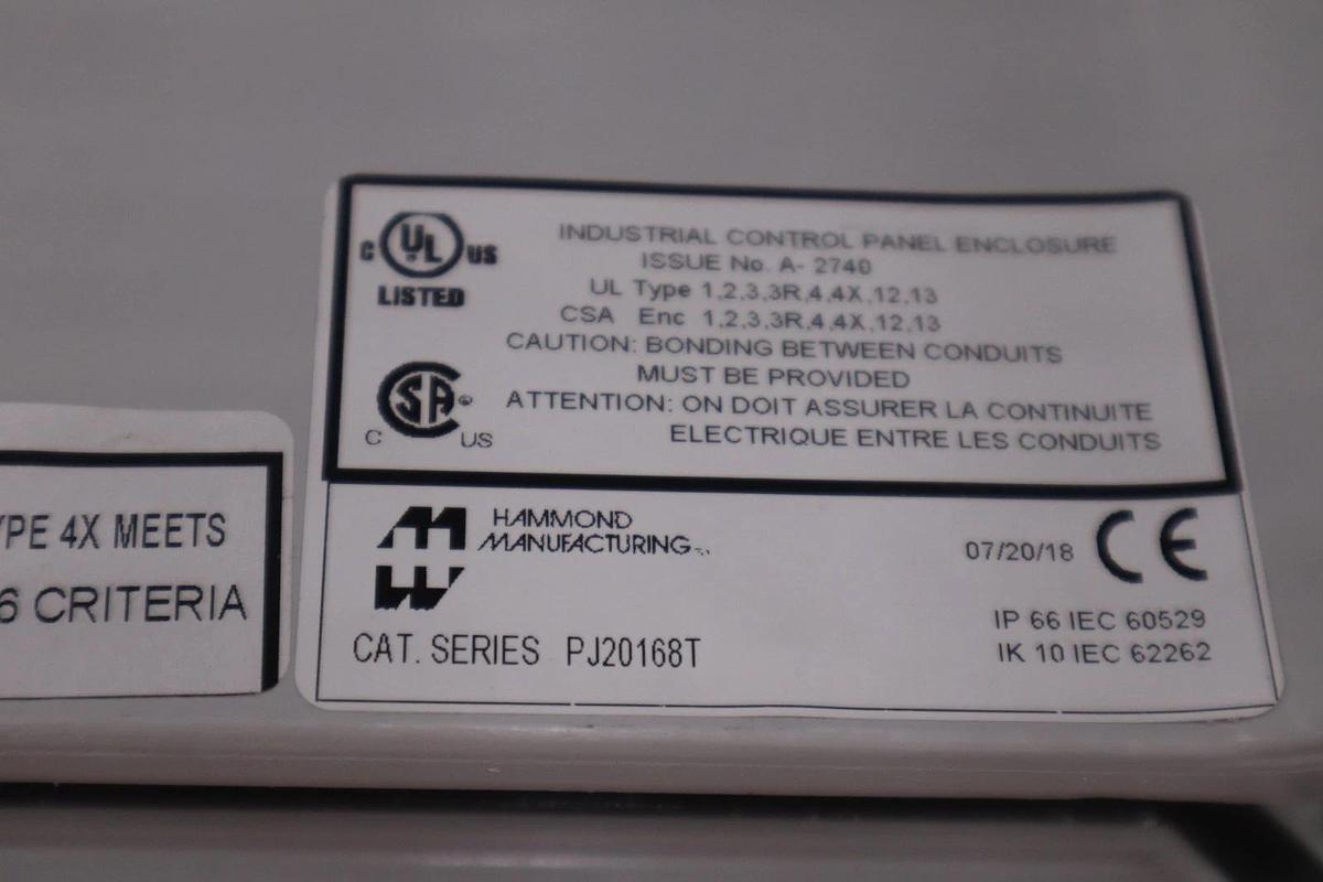 Used HAMMOND MANUFACTURING PJ20168T BOX FIBERGLASS 21.59"L X 17.59"W - STOCK GF961