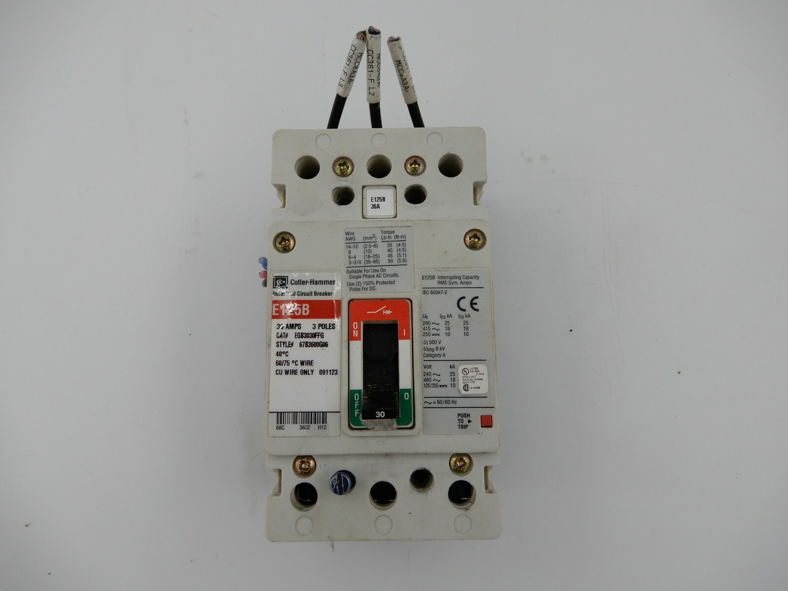 Used CUTLER HAMMER E125B CIRCUIT BREAKER EGB3030FFG STOCK 606