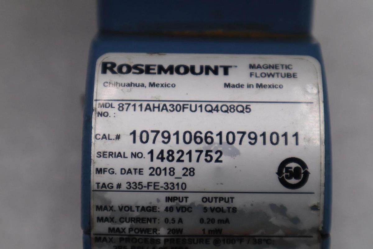 Used ROSEMOUNT 8711AHA30FU1Q4Q8Q5/ SERIAL 14821752 MAGNETIC FLOWTUBE STOCK 2583