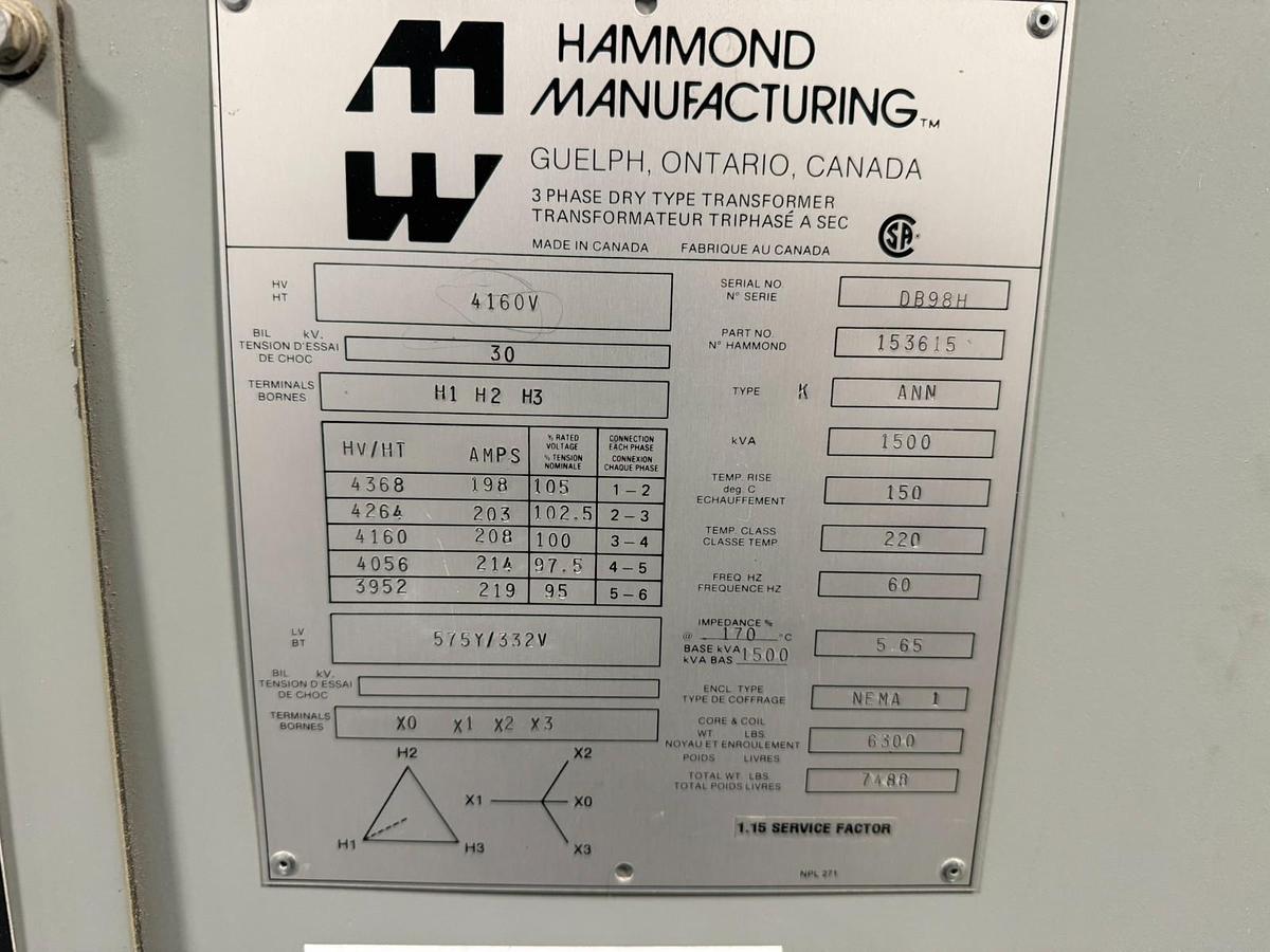Used Hammond Power 1500 KVA DRY TYPE TRANSFORMER 4160 HV 575Y/332V LV WITH GE-AKD-8