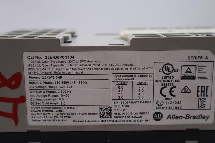 Used ALLEN BRADLEY 25B-D6P0N104 POWERFLEX 525 3HP DRIVE STOCK 819A