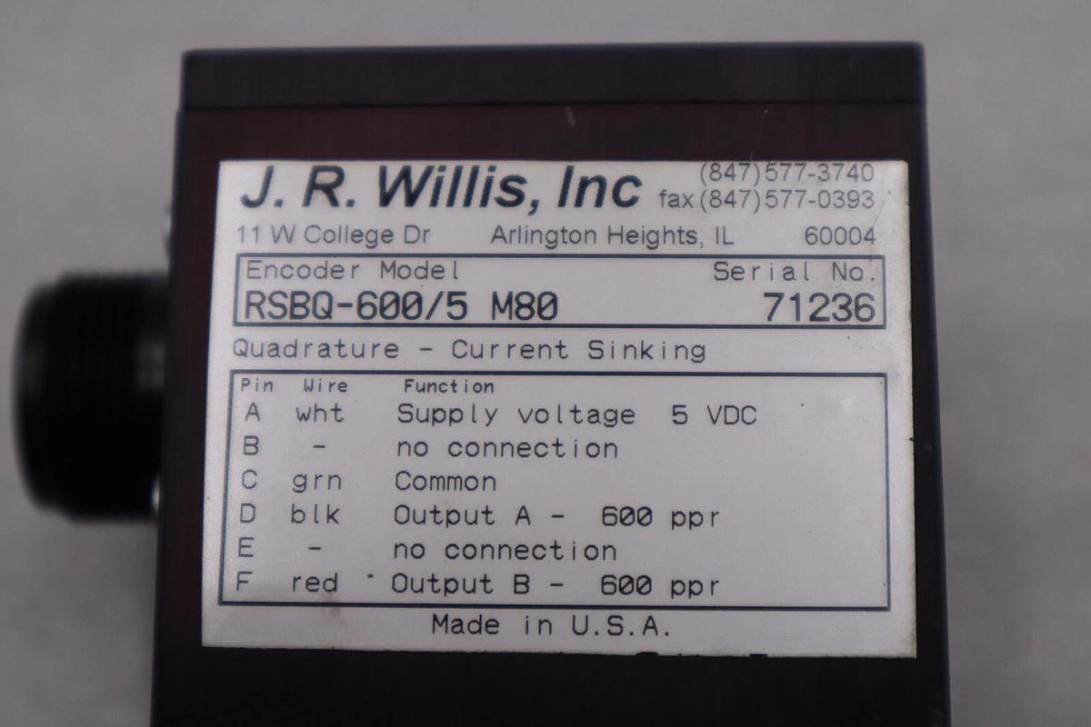 Used J.R. WILLIS ENCODER RSBQ-600/5 M80 SERIAL NO 71236 STOCK L-200C