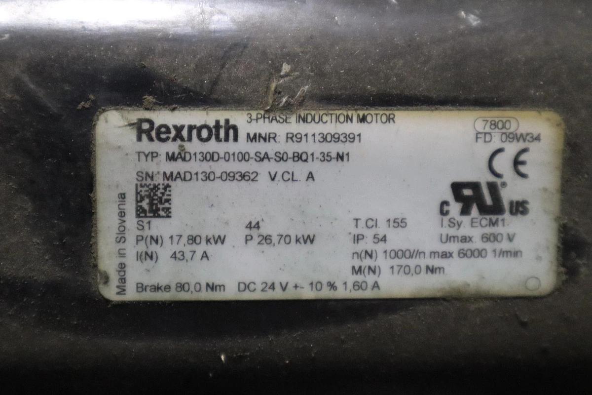 Used Rexroth R911309391 Servo Induction Motor MAD130D-0100-SA-S0-BQ1-35-N1 #HS52