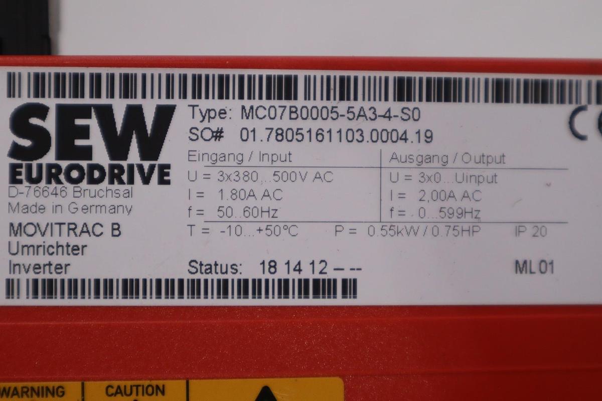 Used SEW Eurodrive MC07B0005-5A3-4-S0 MOVITRAC B STOCK H-795C