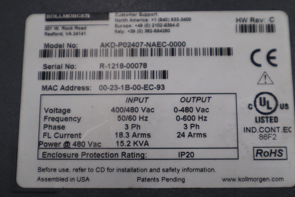Used KOLLMORGEN AKD-P02407-NAEC-0000 AC Servo Drive Rev C STOCK 522-B
