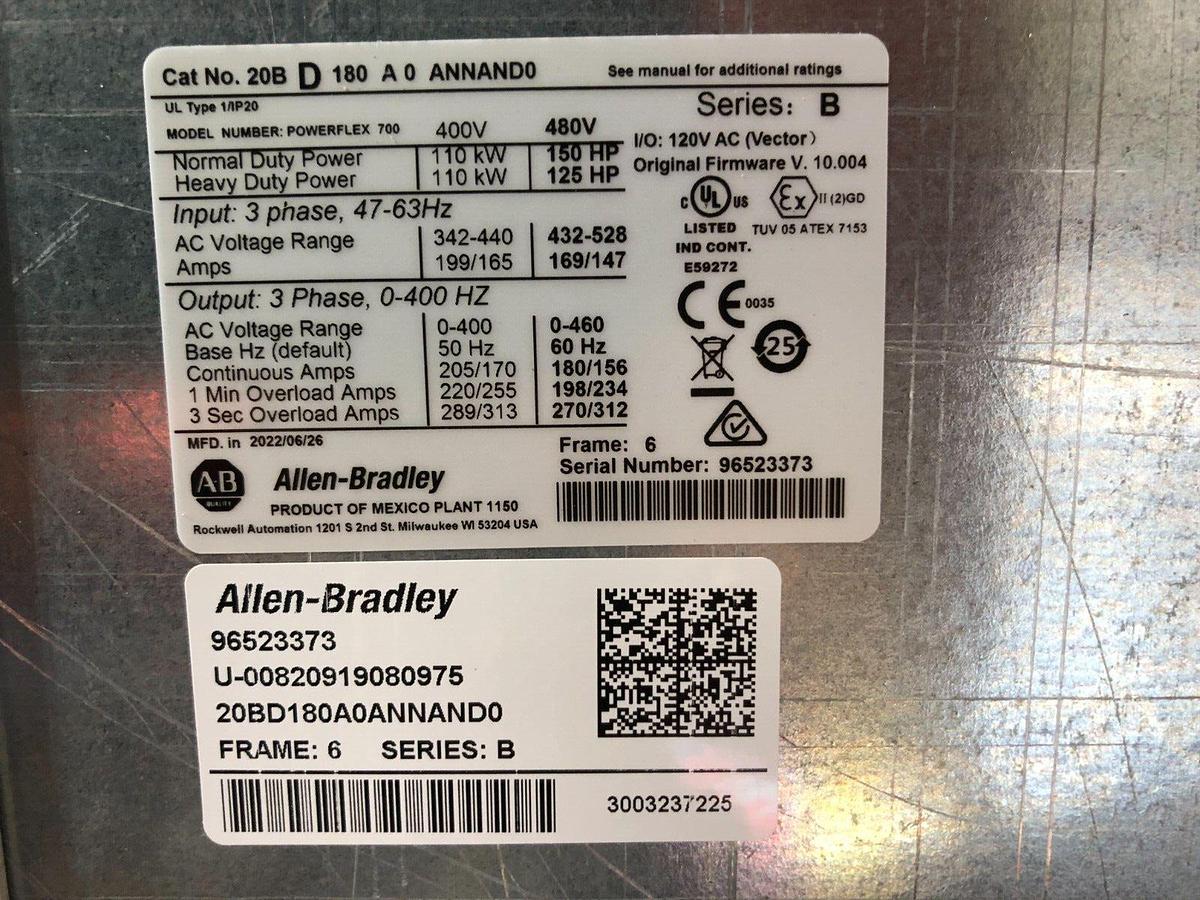 Used NEW 2022 ALLEN BRADLEY 20BD180A0ANNAND0 POWERFLEX 700 DRIVE VFD 150 HP STK S-279