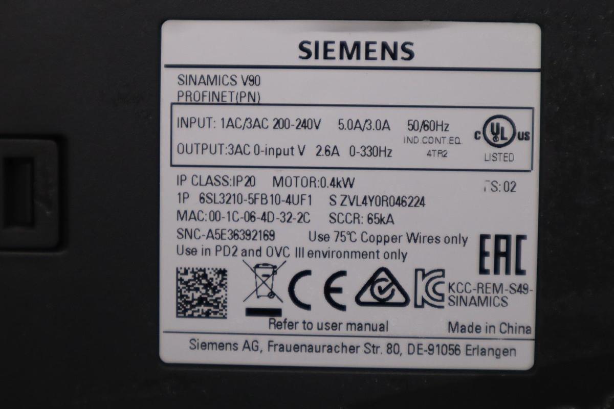 Used SIEMENS 6SL3210-5FB10-4UF1 SINAMICS V90 PROFINET SERVO DRIVE - STOCK H815C