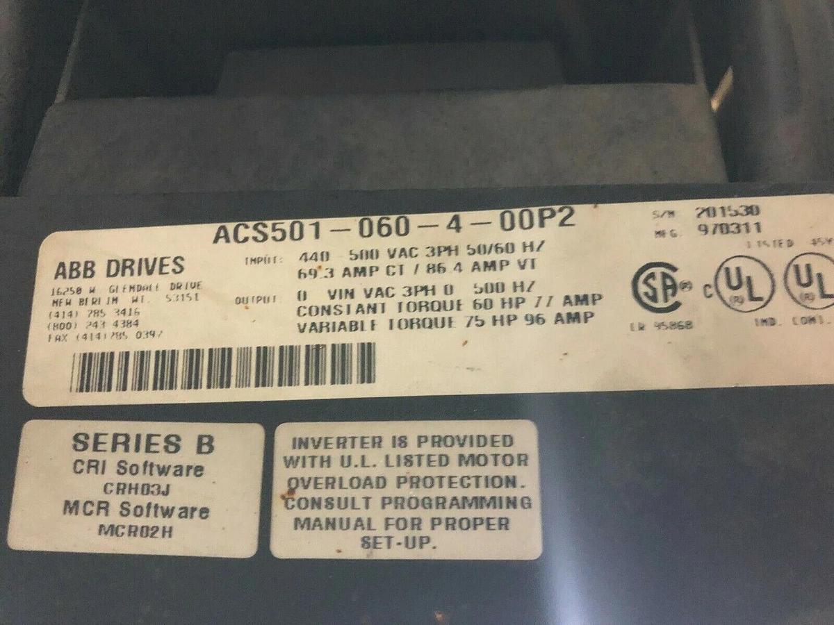Used ABB ACS 500 ADJUSTABLE FREQUENCY DRIVE 60 HP ACS-501-060-4-00P2 STOCK SK-01