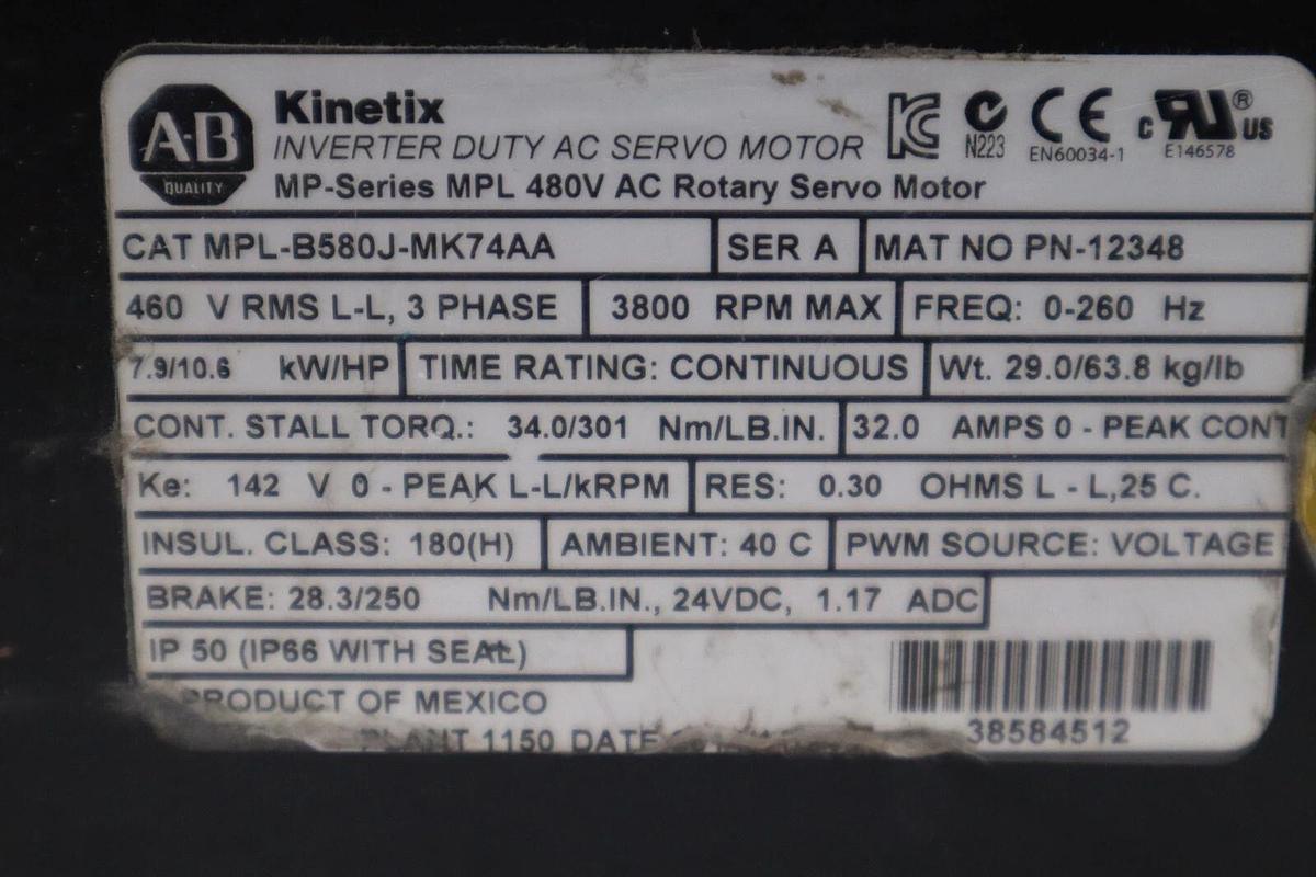 Used ALLEN BRADLEY AB KINETIX Rotary Servo Motor MPL-B580J-MJ74AA STOCK S-123