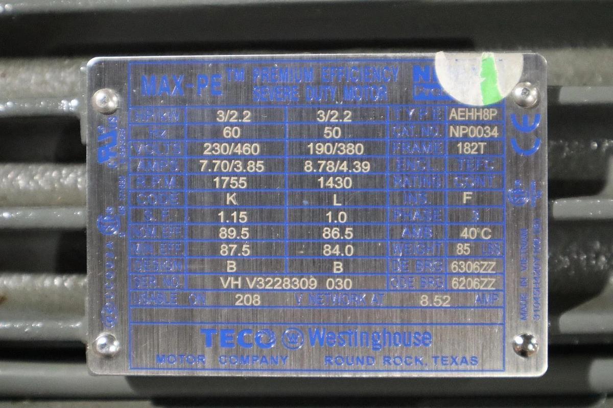 Used TECO-Westinghouse MAX-PE NP0034 TYPE AEHH8P 182T STOCK HS31