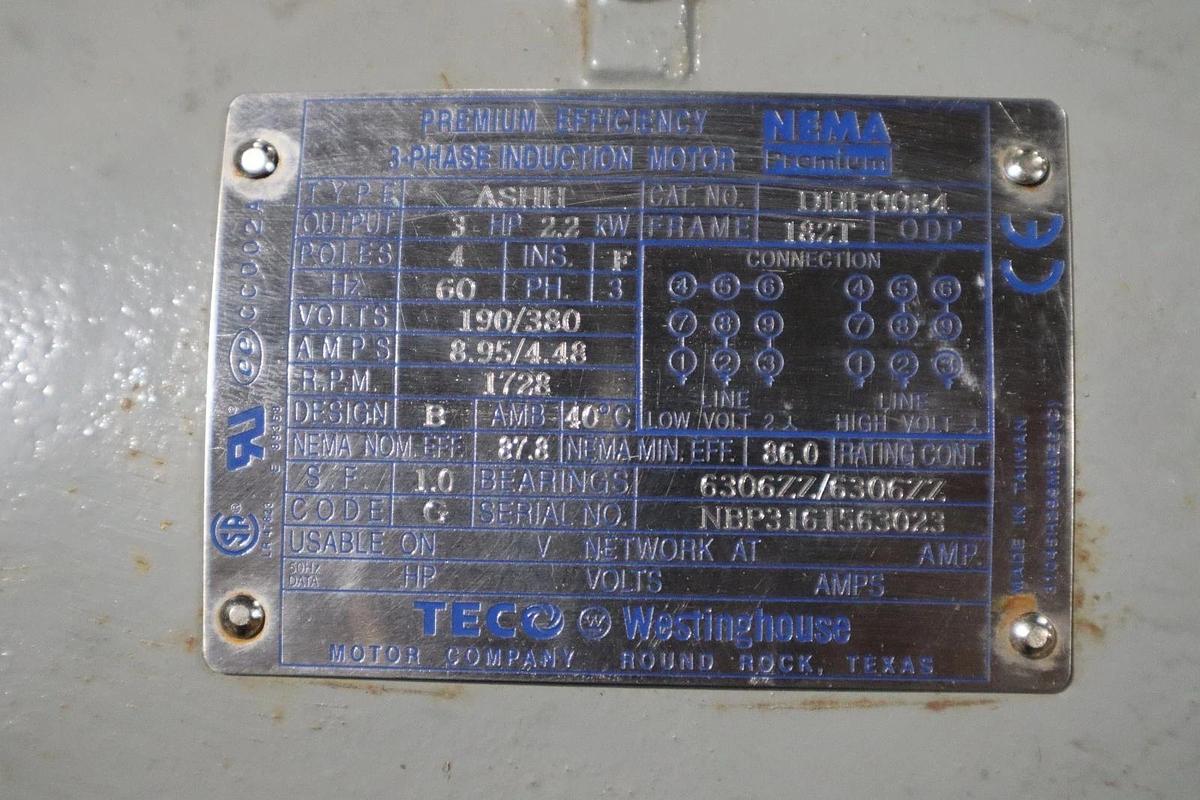 Teco Westinghouse DHP0034 ASHH Motor 3HP 2.2KW 4 POLES MOTOR STOCK HS29