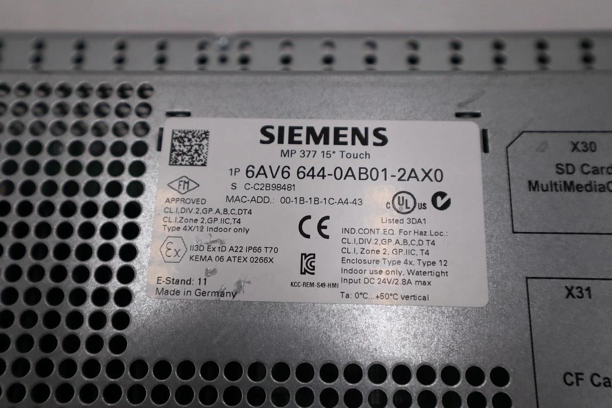 Refurbished Siemens 6AV6 644-0AB01-2AX0 MP 377 Touchscreen Panel  15" - STOCK 3498A