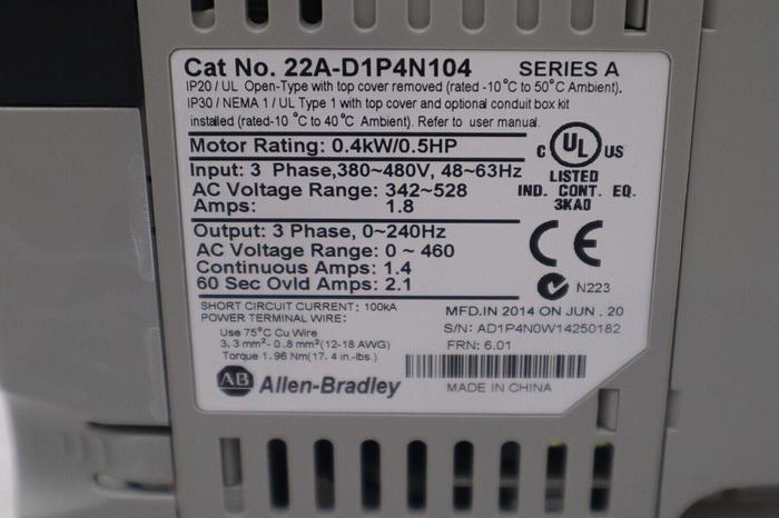 Used ALLEN BRADLEY 22A-D1P4N104 SER. A ADJUSTABLE FREQUENCY AC DRIVE STOCK B-1293