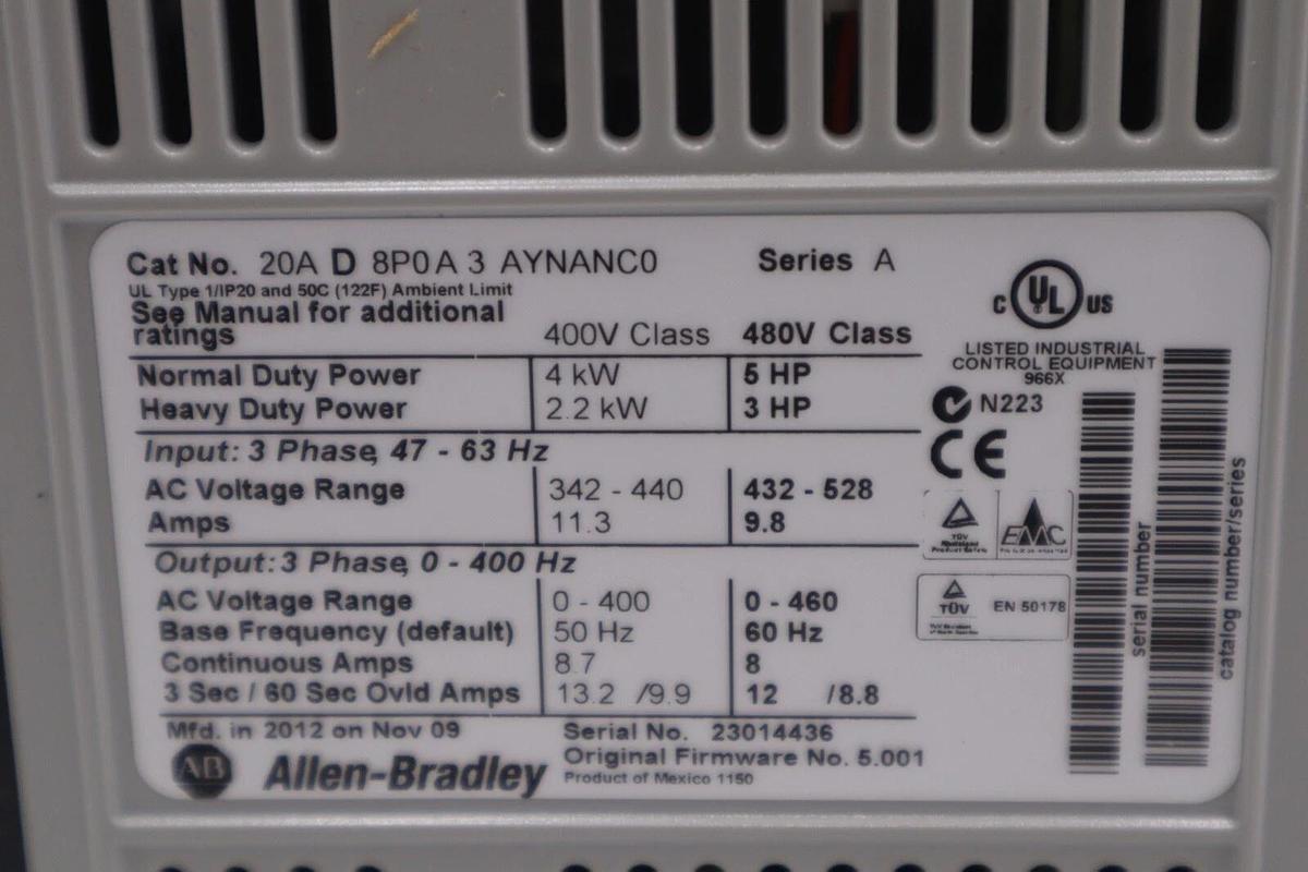 ALLEN BRADLEY 20AD8P0A3AYNANC0 POWERFLEX 5 HP DRIVE #4359
