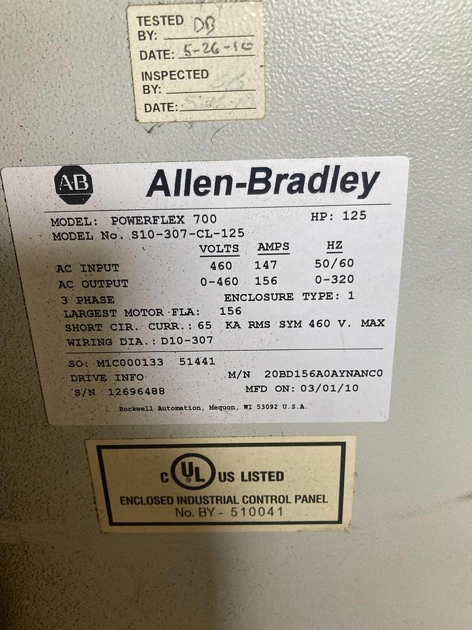 Used ELECTRICAL ENCLOSURE WITH 20BD156A0AYNANC0 Allen Bradley 125HP Powerflex 700