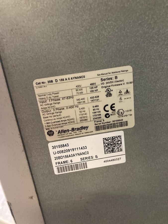 Used ELECTRICAL ENCLOSURE WITH 20BD156A0AYNANC0 Allen Bradley 125HP Powerflex 700