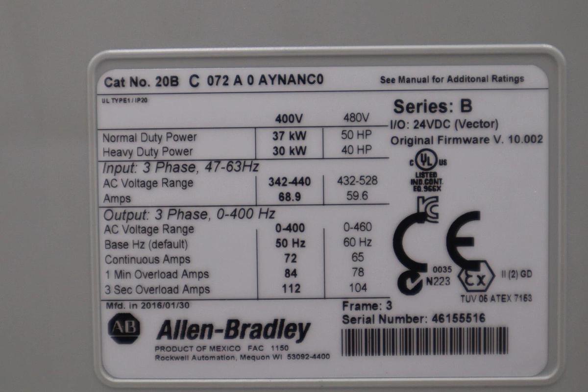 ALLEN BRADLEY 20BC072A0AYNANC0 NEW 480V POWERFLEX 700 DRIVE 50 HP STOCK 4853