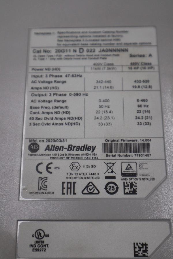 Used ALLEN BRADLEY 20G11ND022JA0NNNNN /A PowerFlex 755 AC DRIVE - STOCK 3731CC