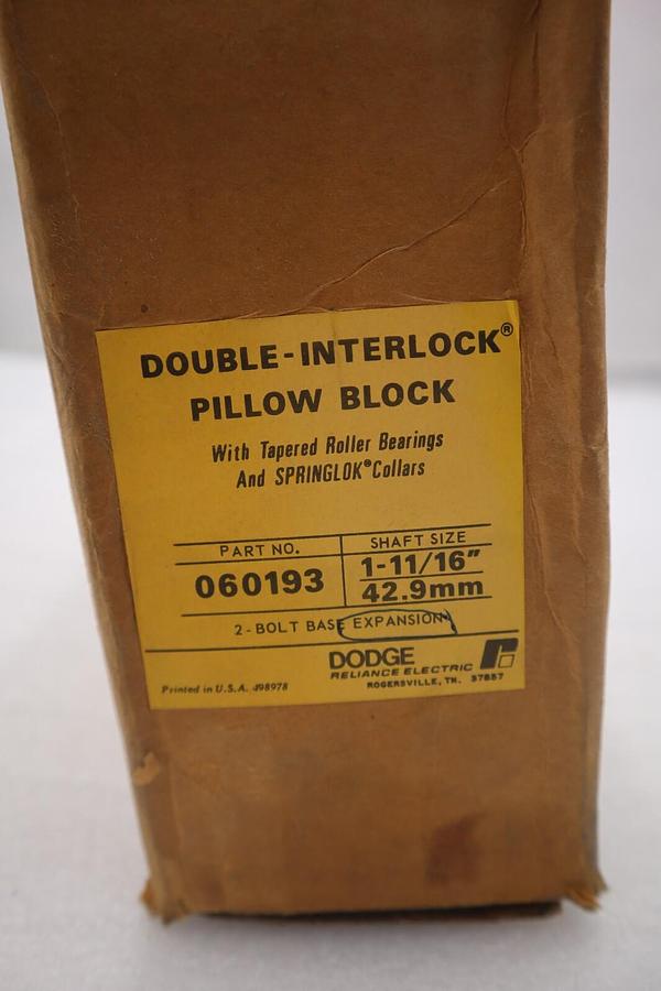 Used DODGE 060193 DOUBLE INTERLOCK PILLOW BLOCK BEARING 1-11/16" BORE #1984-A