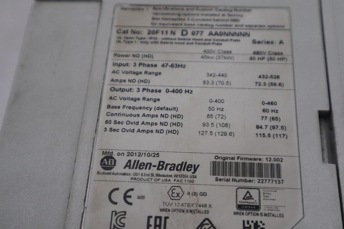 Used ALLEN BRADLEY 20F11ND077AA0NNNNN SER. A 3 PHASE 47-63Hz - STOCK 3711CC