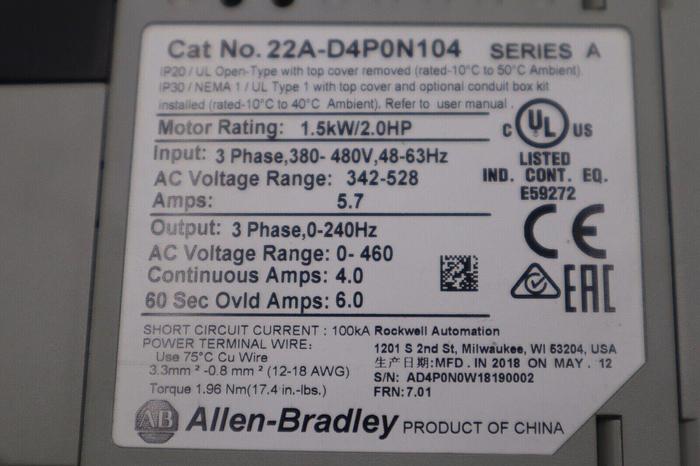 Used ALLEN BRADLEY 22A-D4P0N104 POWERFLEX 4 1.5kW/2.0HP SER A STOCK 5759