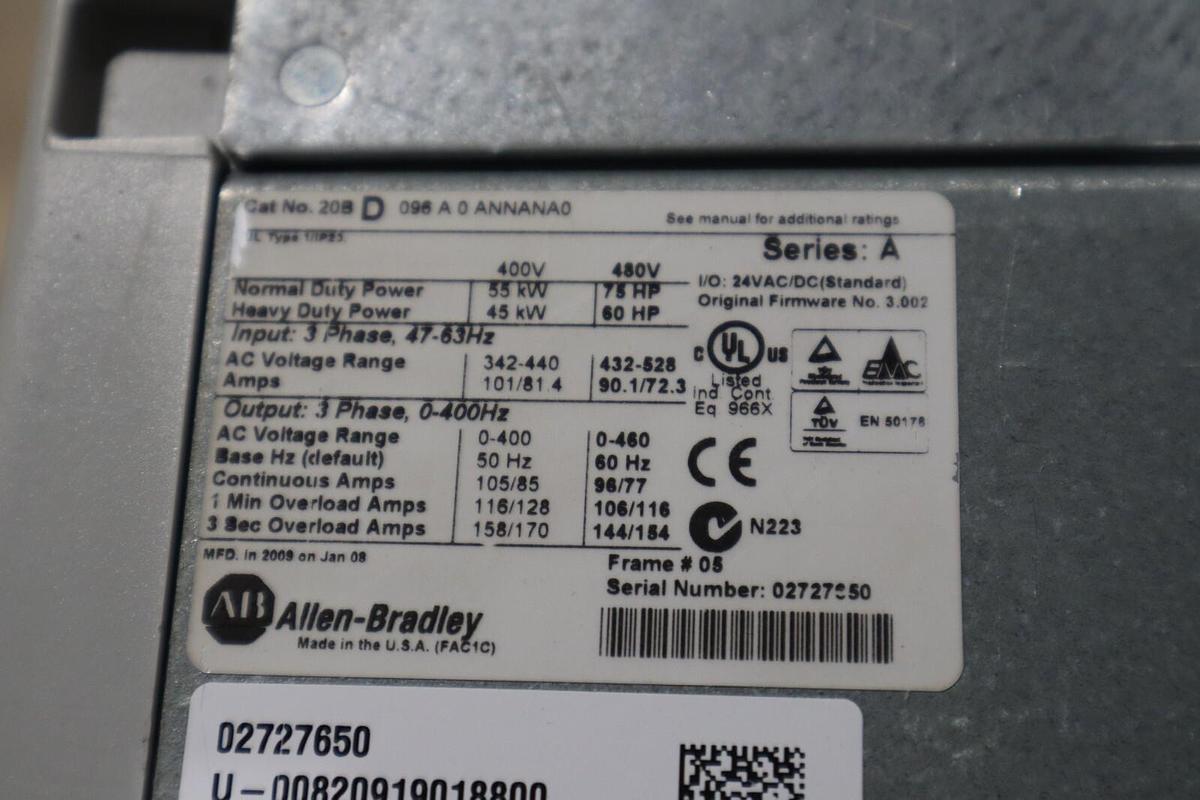 Used NEW ALLEN BRADLEY 20BD096A0ANNANA0 AC DRIVE POWERFLEX 700 3 PHASE STOCK S-599