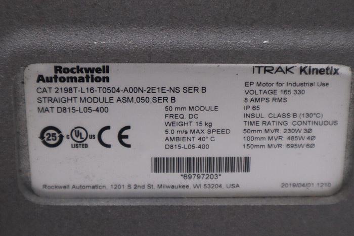 Used Allen Bradley iTrak Kinetix # 2198T-L16-T0504-A00N-2E1E-NS Ser. B STOCK 4982