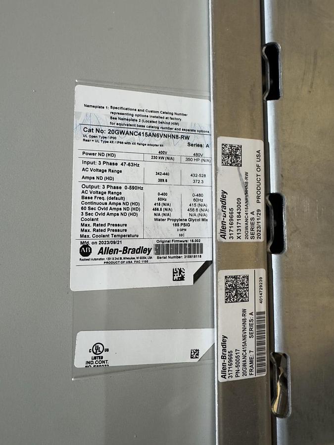 Used ALLEN BRADLEY 20GWANC415AN6VNHN8-RW AC DRIVE LIQUID COOLED 3 PHASE OUTPUT #S682