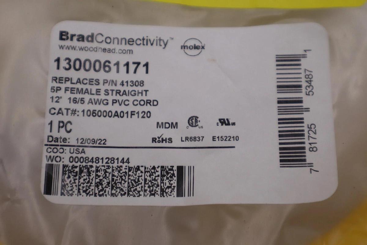 Used Brad Connectivity 1300061171 41308 5P Female Straight 12' 16/5 AWG PVC Cord NEW